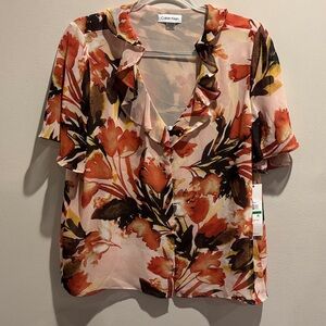 Calvin Klein Women's Autumn Floral Blouse - Red and Brown